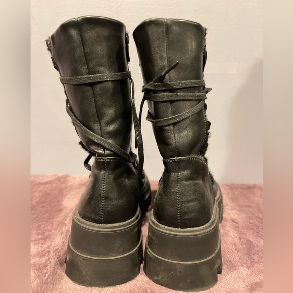 Black Leather Sherpa Tie Up Platform Boots - Picture 2 of 5